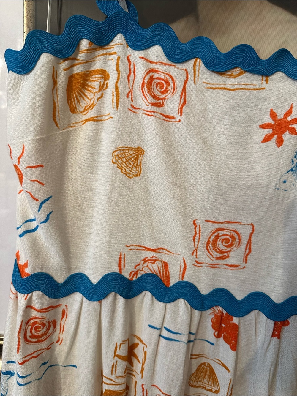 CeCe Cream Maxi Dress with Blue Trim and Orange Print Detail - Picture 4 of 10